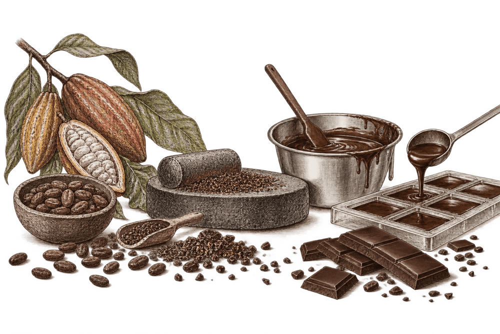 Cacao beans, nibs and tools used in small-scale chocolate making
