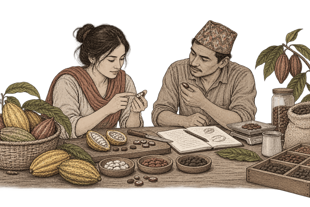 People examining cacao samples and recording observations