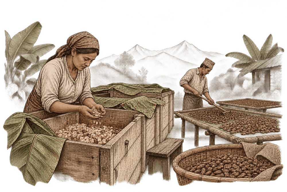 Cacao fermentation and drying during post-harvest processing